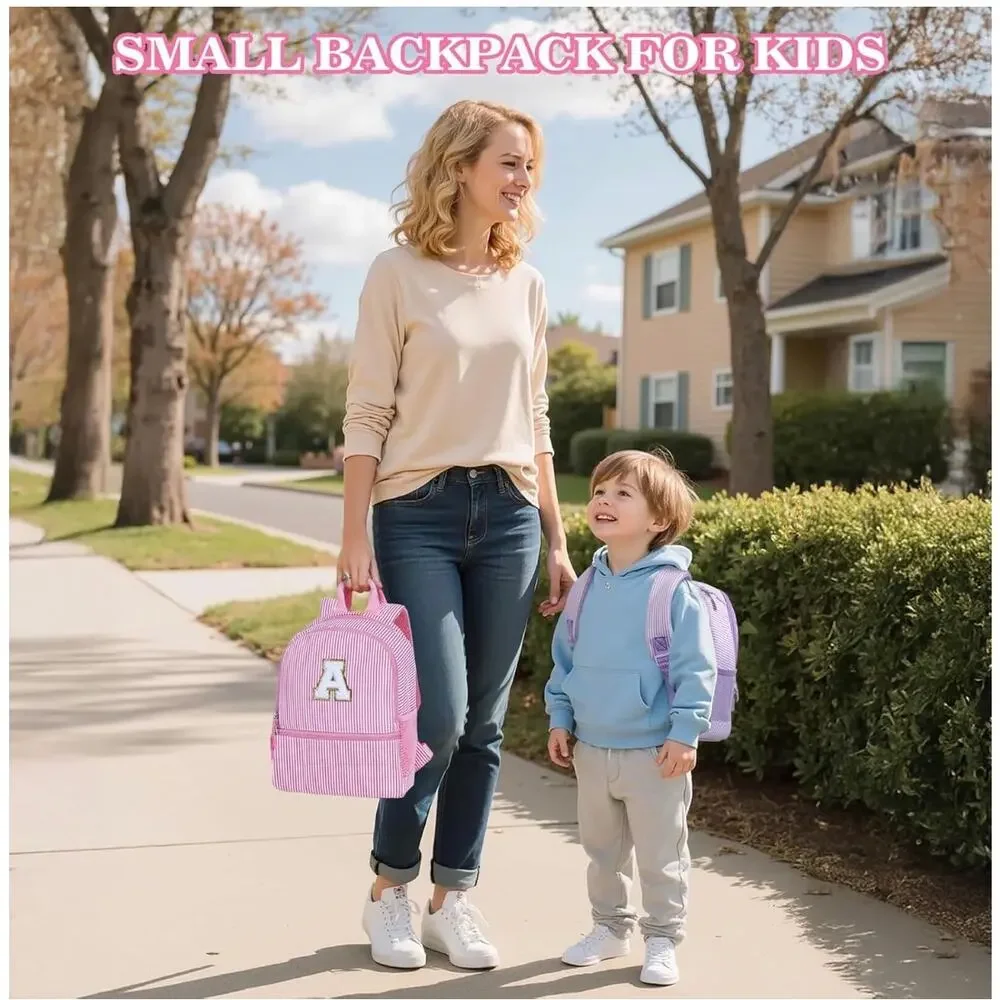 Pink Seersucker Kids Backpack with Initial Letter | Toddler Preschool Girl Bag